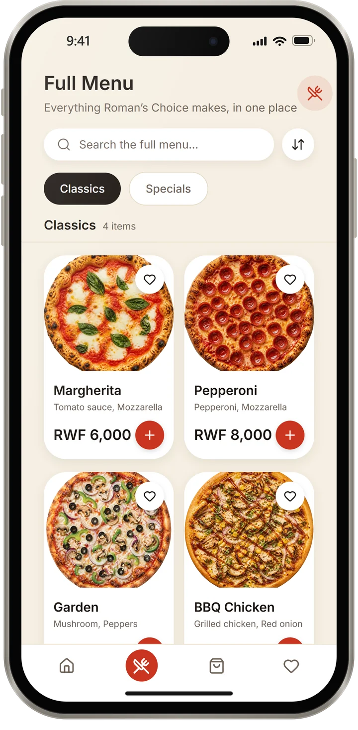 The Roman’s Choice order app showing the pizza menu on an iPhone