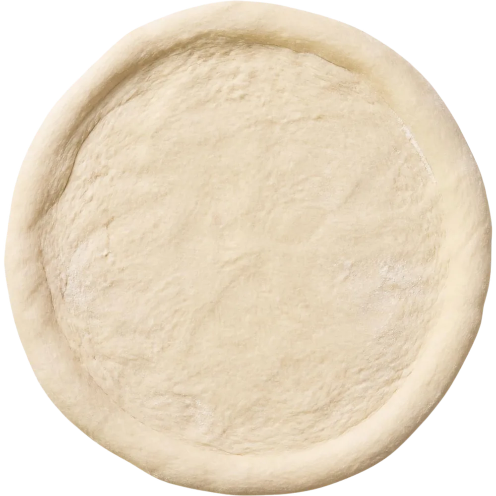 Fresh pizza dough, stretched by hand
