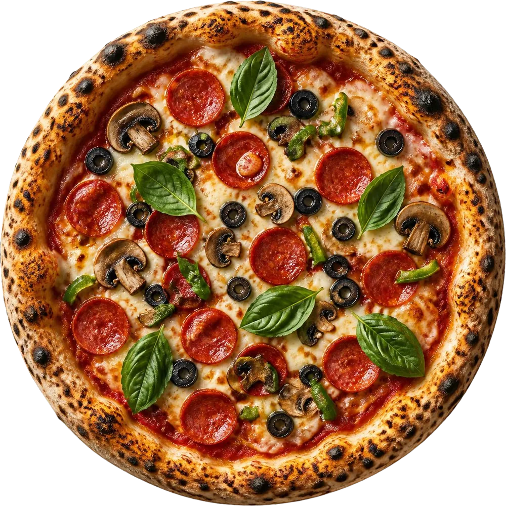 Roman's Choice Pizza signature pizza with pepperoni, mushrooms, olives and basil
