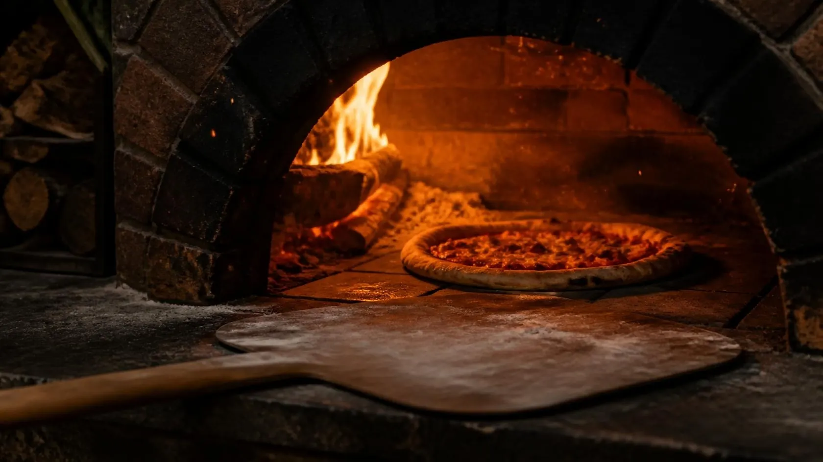 Pizza baking in a wood-fired oven