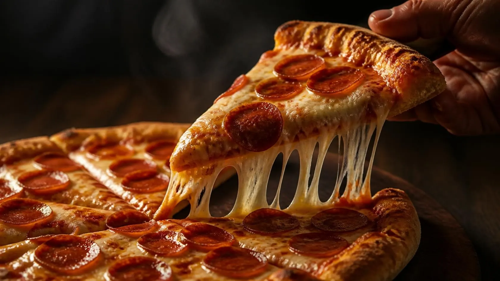 A slice of pepperoni pizza with a long cheese pull