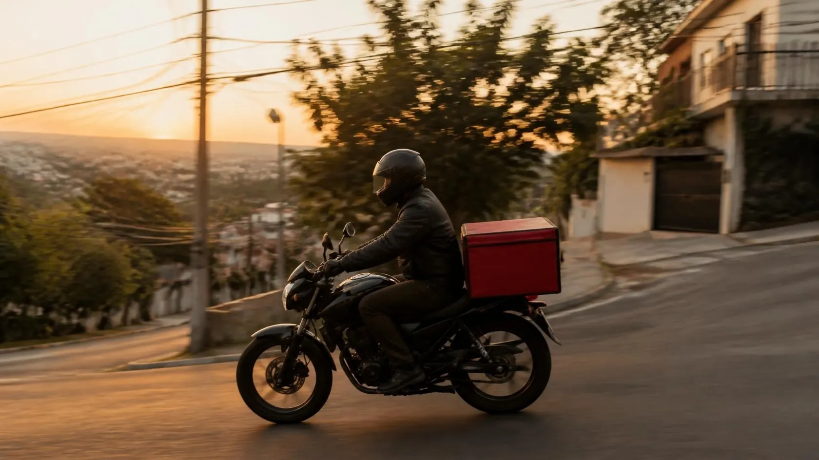 A delivery rider carrying pizza through Kigali at sunset